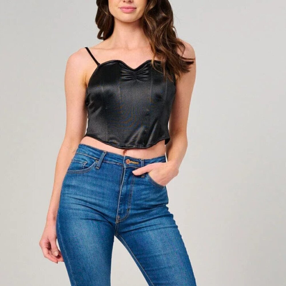 Strut & Bolt Black V-Neck Satin Top Sleeveless‎ Adjustable Strap Zip Back
